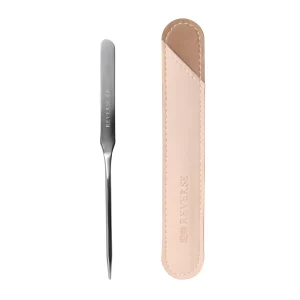 Stainless Steel Foundation Spatula alongside a beige leather protective case.