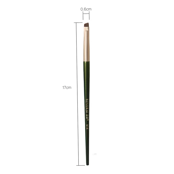 Angled eyeliner brush with green handle and size dimensions displayed.