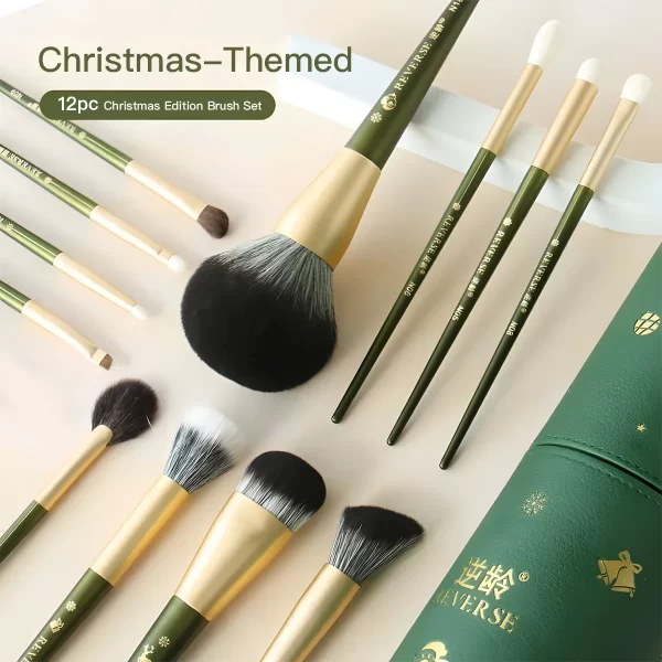 Close-up of Christmas-themed makeup brushes with gold accents and matching festive green PU holder.