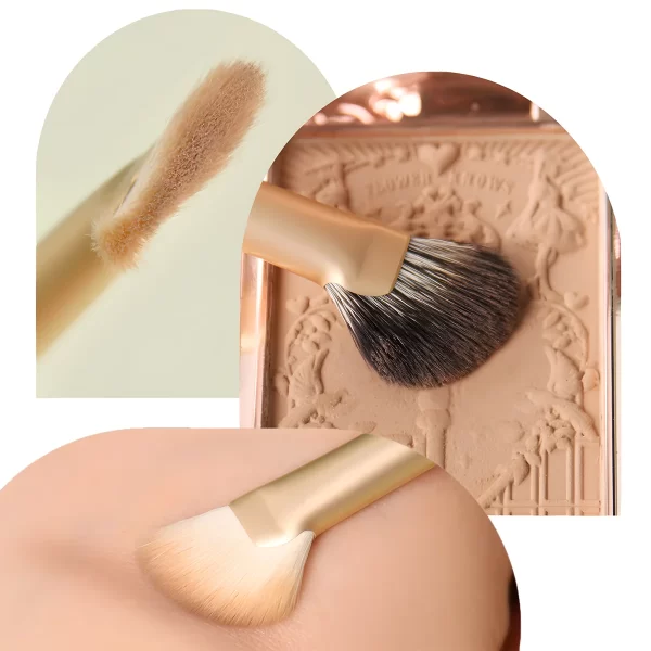 Close-up and application view of fan-shaped nose contour brush showing soft bristles, powder pickup, and natural contouring effect on skin